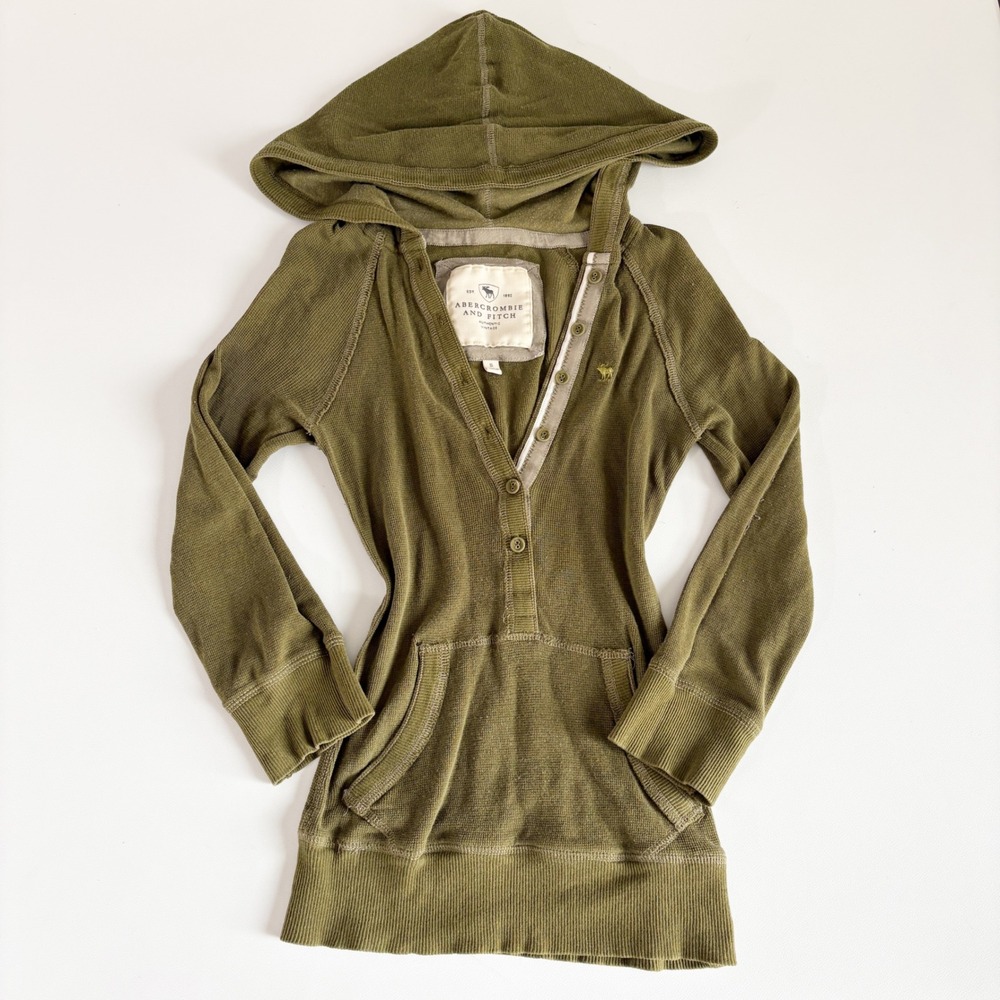 Abercrombie & Fitch Women Olive Green Y2K Bella Swan Waffle Knit Henley Hoodie S